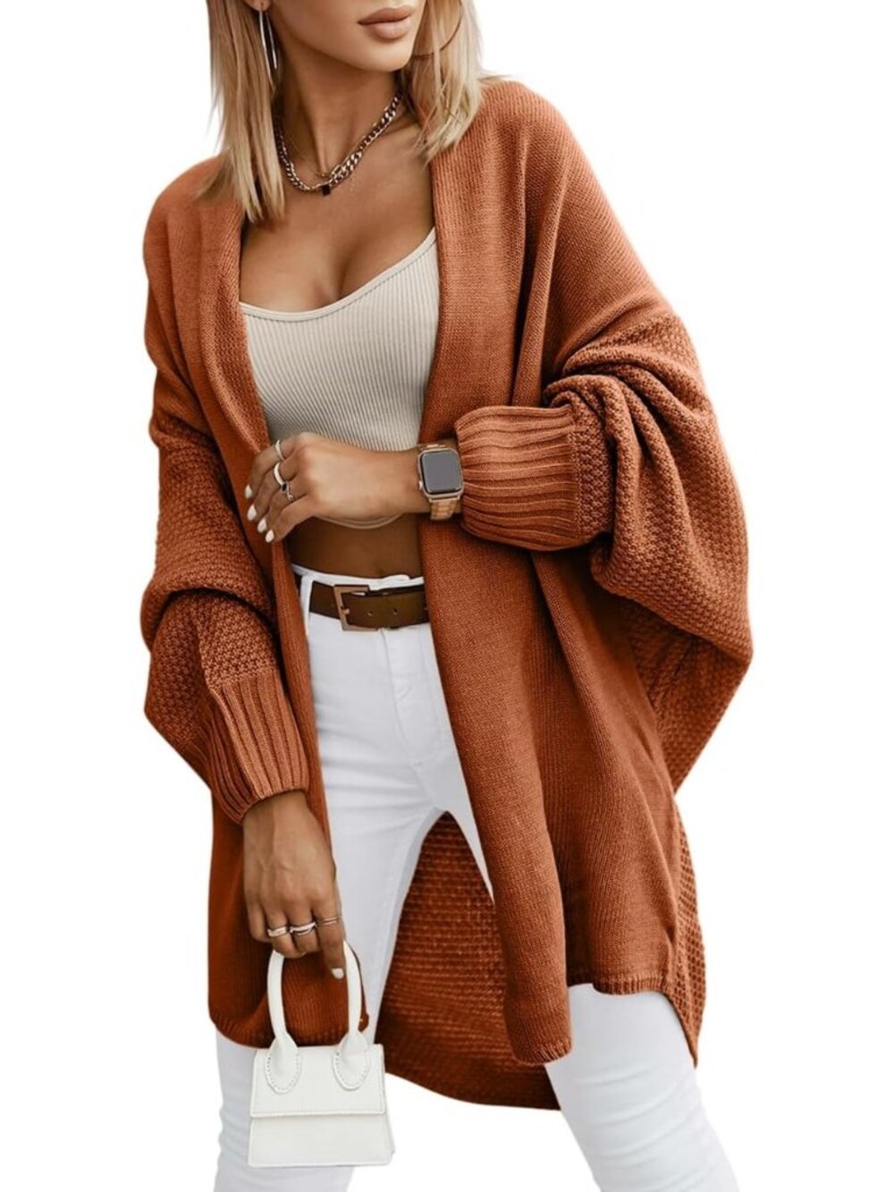 Women Brown Batwing Sleeve Soft Comfy Dressy Casual Long Open Front Clothes